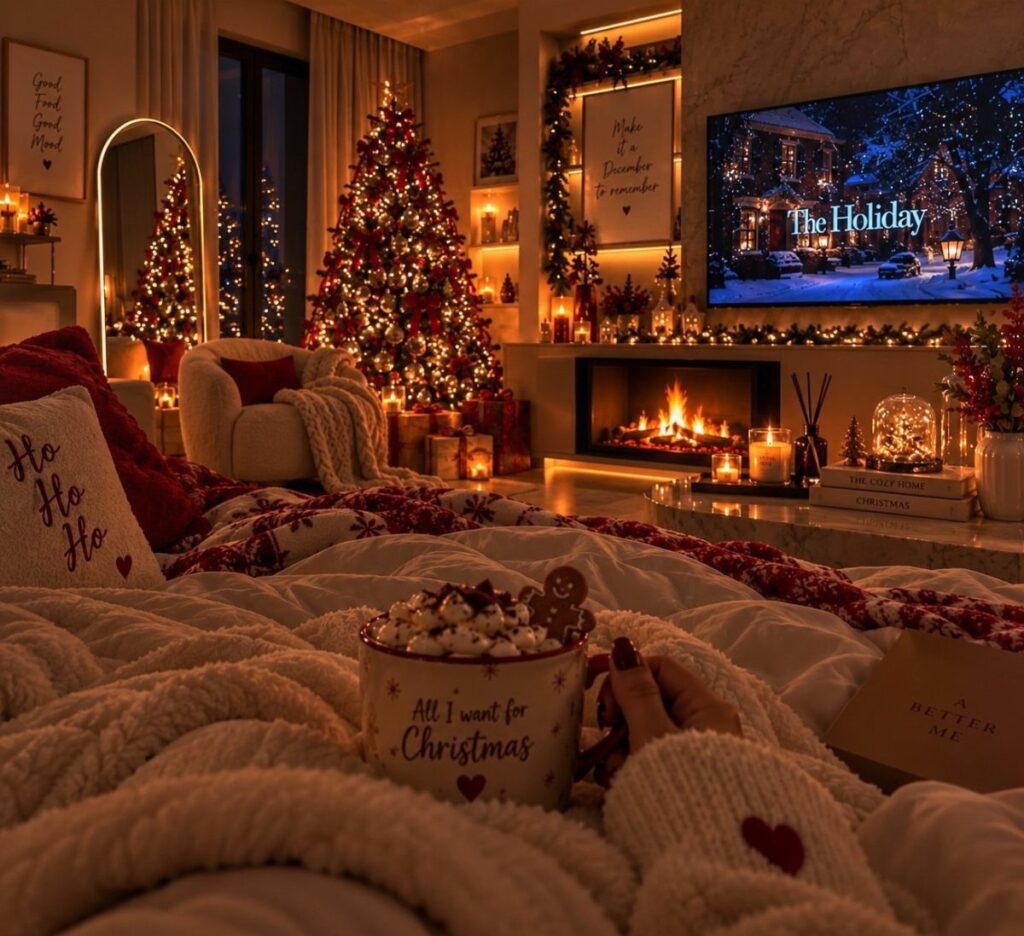 A person holding a festive mug of hot cocoa in a cozy, decorated Christmas living room.