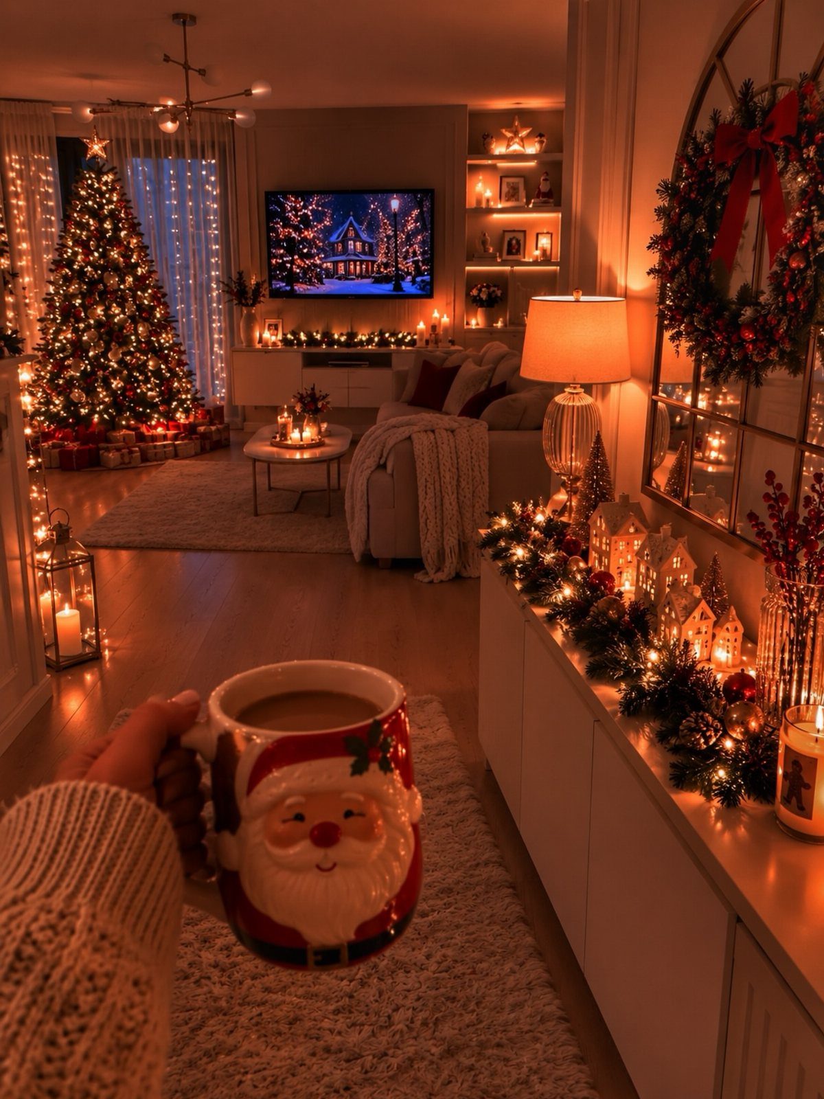 A person holds a Santa Claus mug in a living room decorated with Christmas lights and a tree.