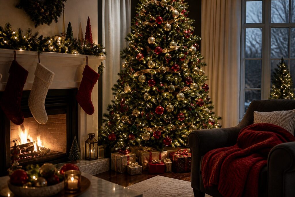 Cozy living room decorated for Christmas with a tree and ornaments.