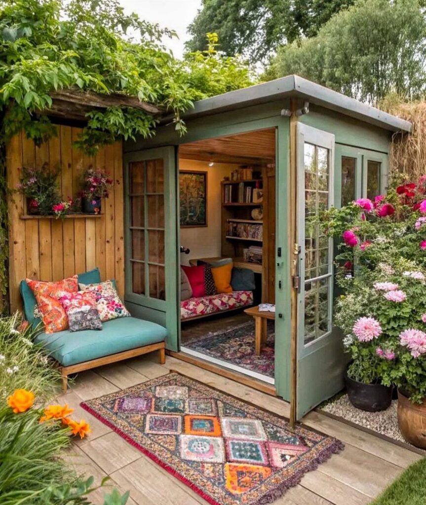 Green garden shed with open doors revealing a cozy interior reading nook with bookshelves and seating.