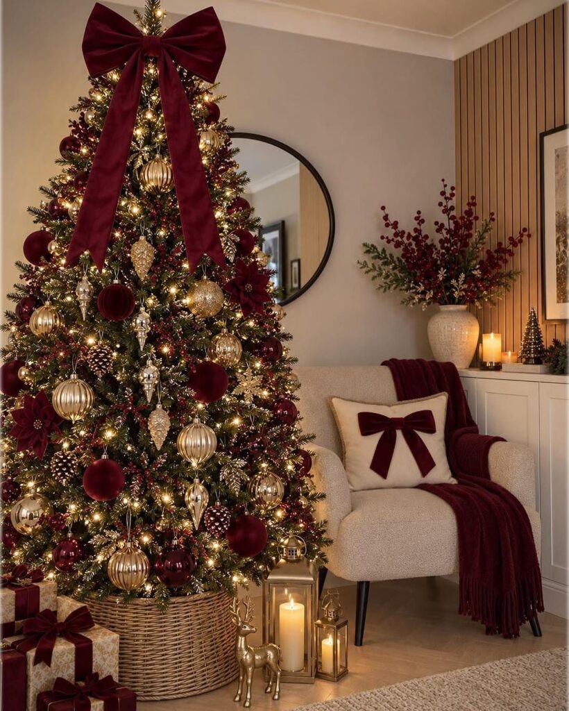 Decorated Christmas tree with a large burgundy velvet bow on top and matching pillow.