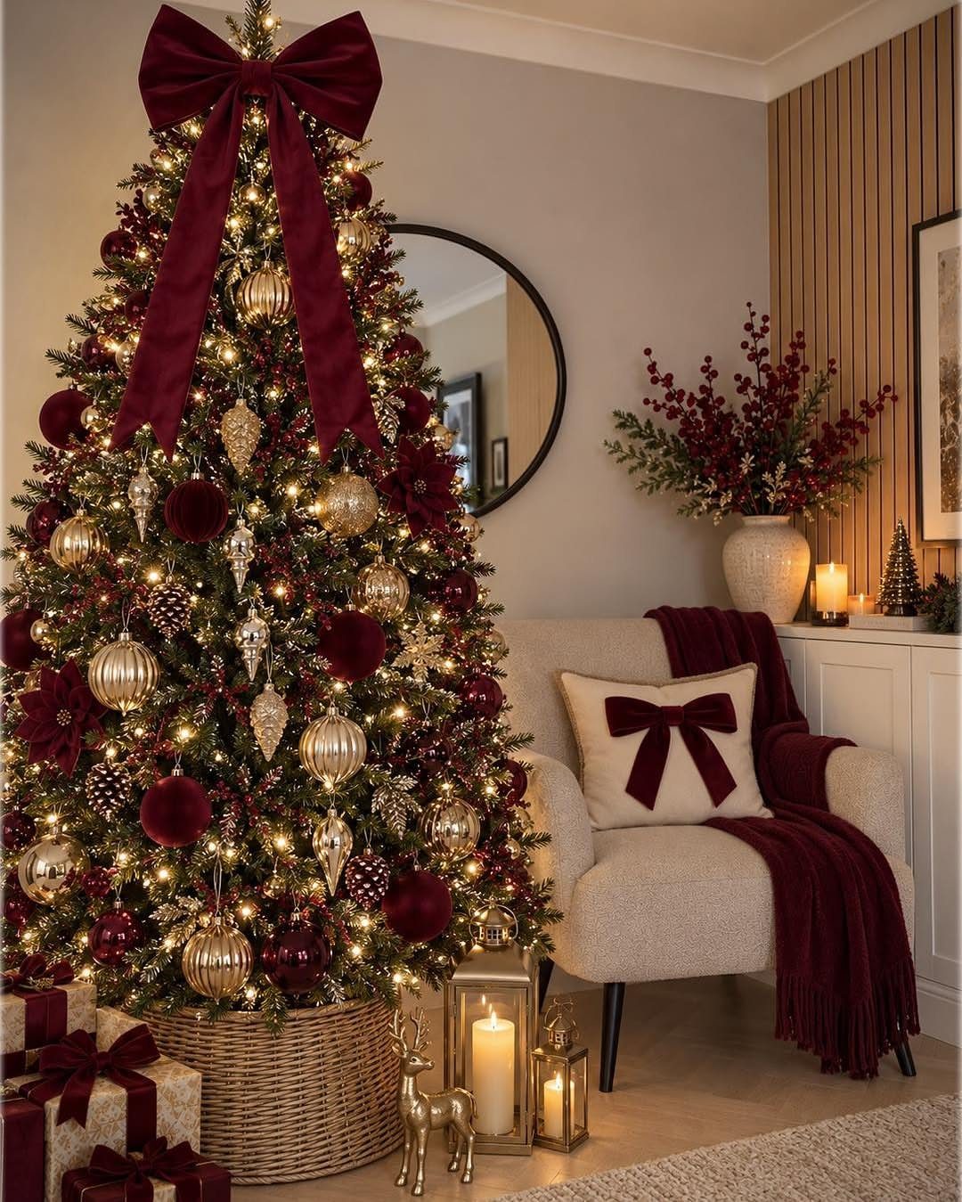 Decorated Christmas tree with a large burgundy velvet bow on top and matching pillow.
