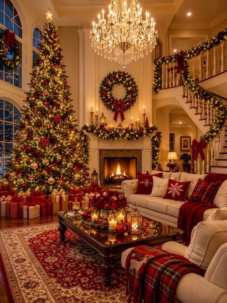 A festive living room with a decorated Christmas tree, lit fireplace, and greenery-draped staircase.