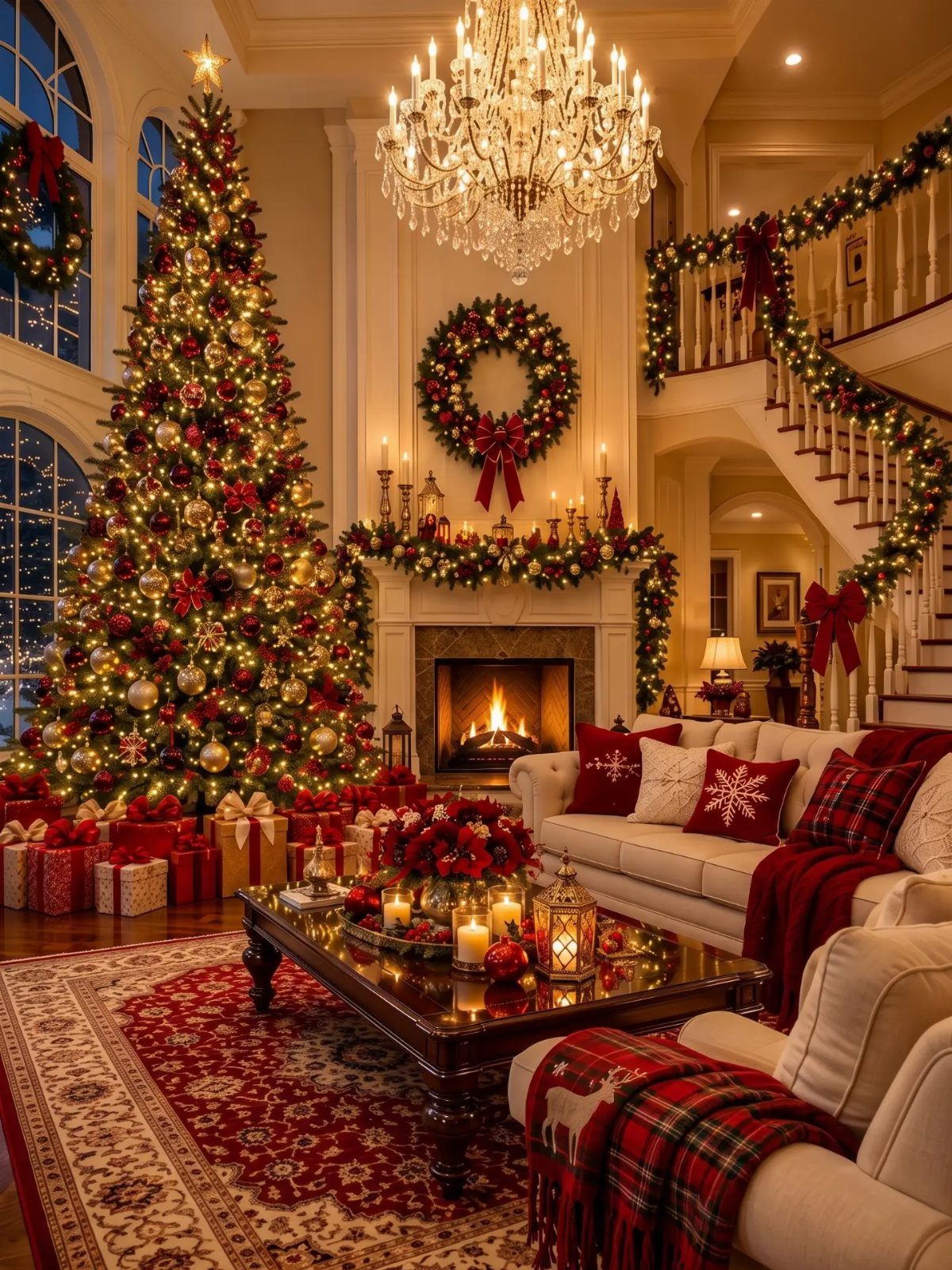 A festive living room with a decorated Christmas tree, lit fireplace, and greenery-draped staircase.