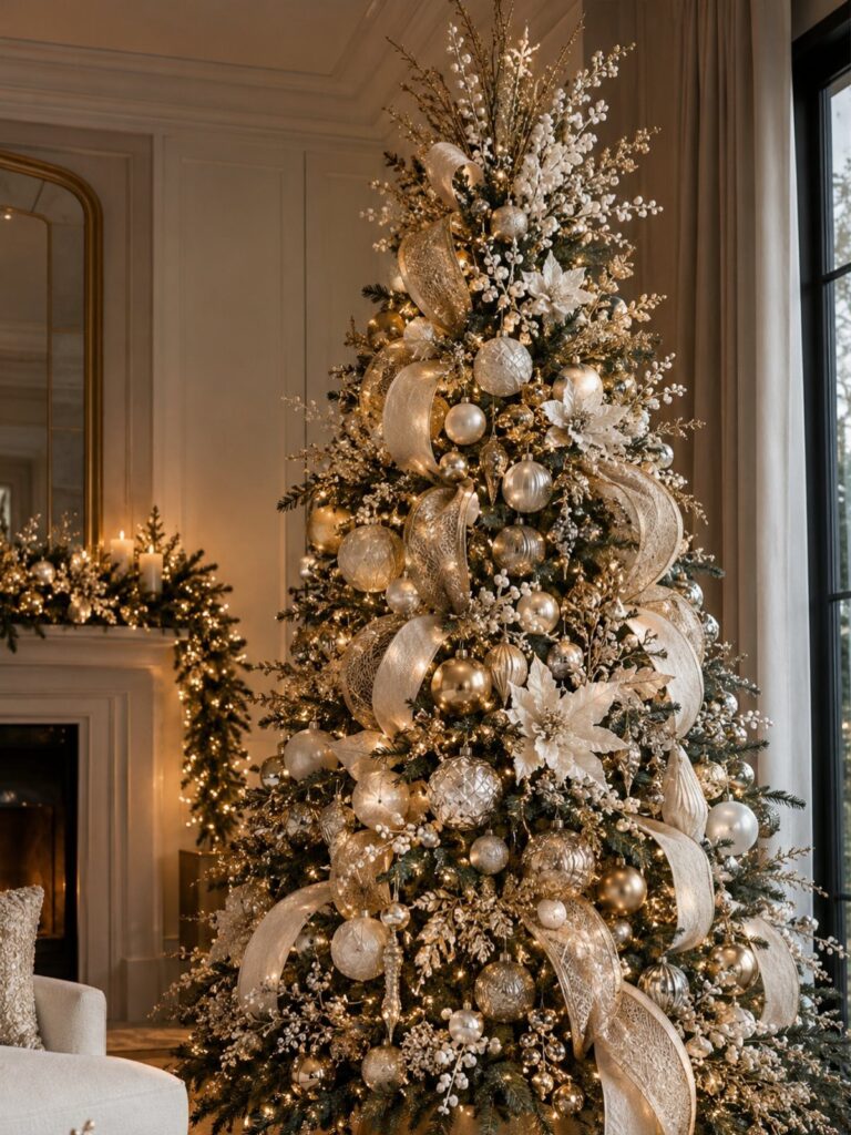 Decorated Christmas tree with gold ornaments, white flowers, and shimmering ribbons in a warm room.