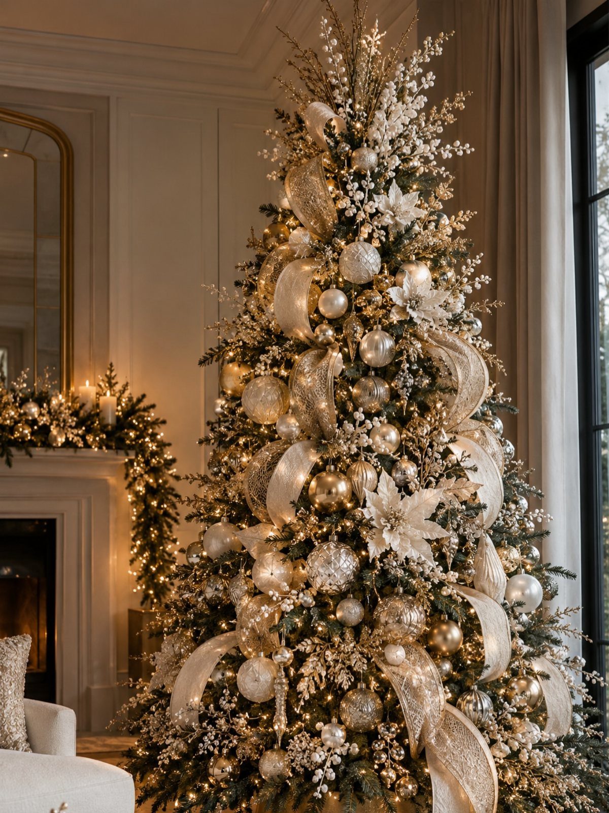 Decorated Christmas tree with gold ornaments, white flowers, and shimmering ribbons in a warm room.