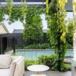 Green climbing vines growing over a black metal pergola overlooking a swimming pool and patio.