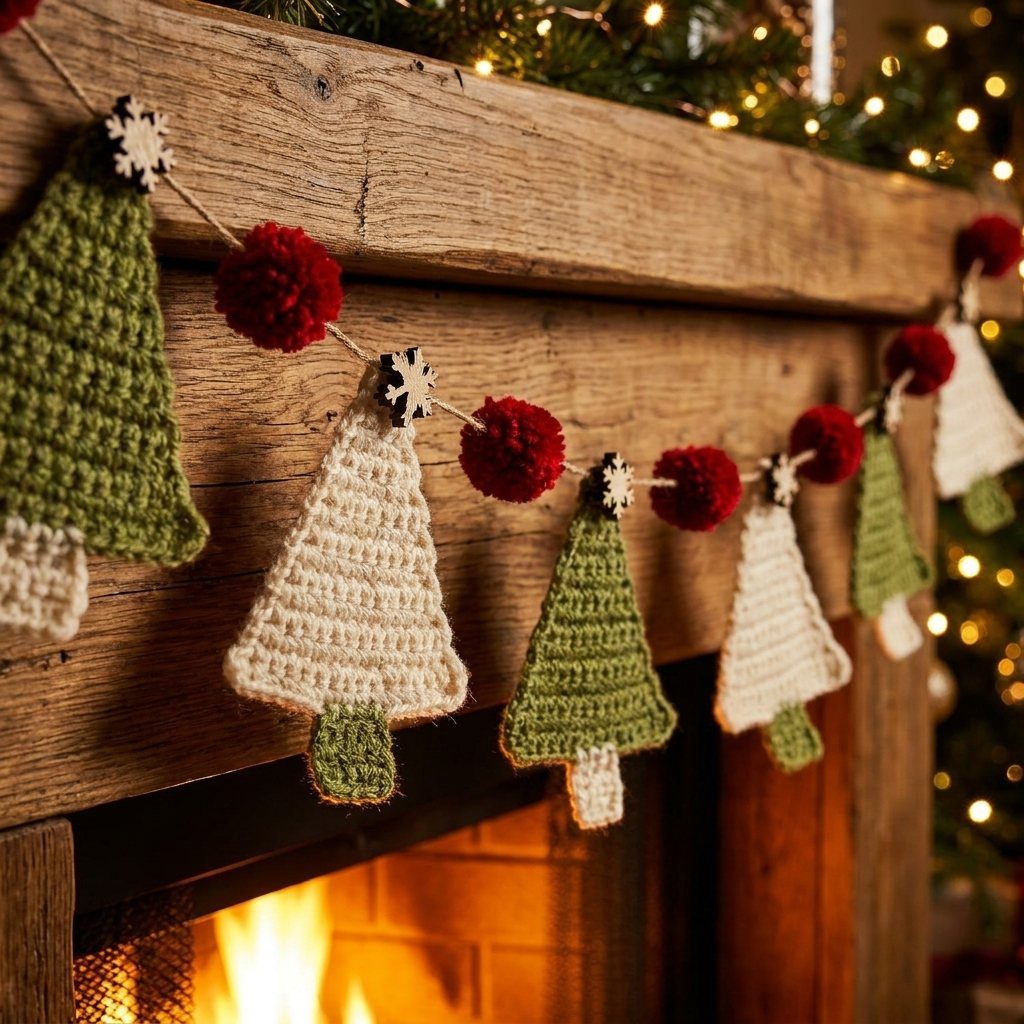 Crocheted Christmas tree garland with red pom-poms hanging on a wooden fireplace mantel.