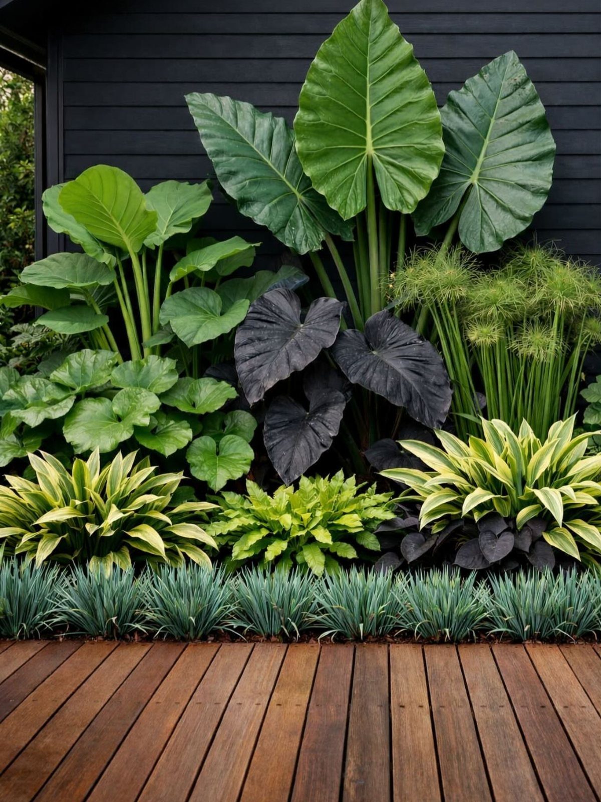 Large tropical green and dark purple leaves growing in a garden bed next to a wooden deck.