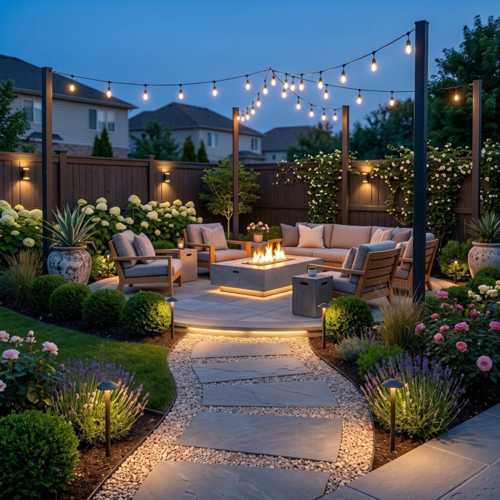 String lights hang over a modern patio with a fire pit and outdoor lounge furniture.