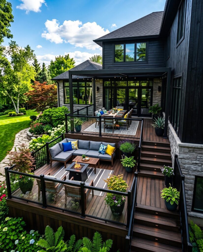 Multi-level wooden outdoor deck with lounge seating and dining area attached to a black modern house.