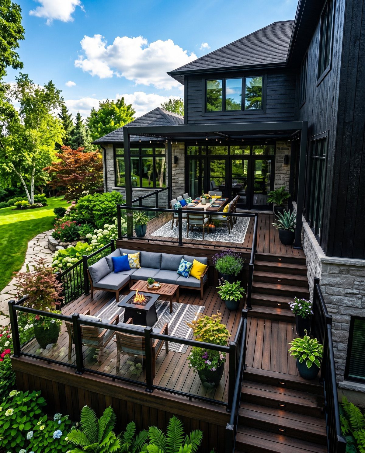 Multi-level wooden outdoor deck with lounge seating and dining area attached to a black modern house.