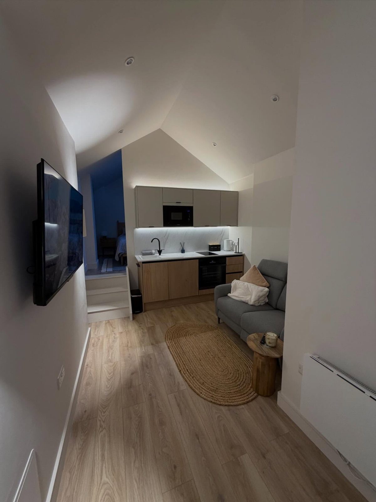 A small modern studio apartment with a kitchenette, armchair, and television on the wall.