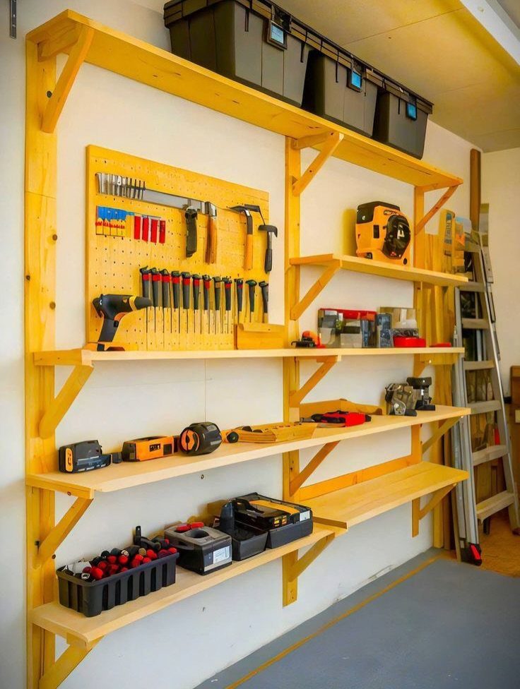 Wooden garage shelving unit organized with various hand tools, power tools, and black storage bins.