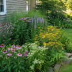 Wildflowers including coneflowers and black-eyed Susans blooming in a lush garden bed by a house.