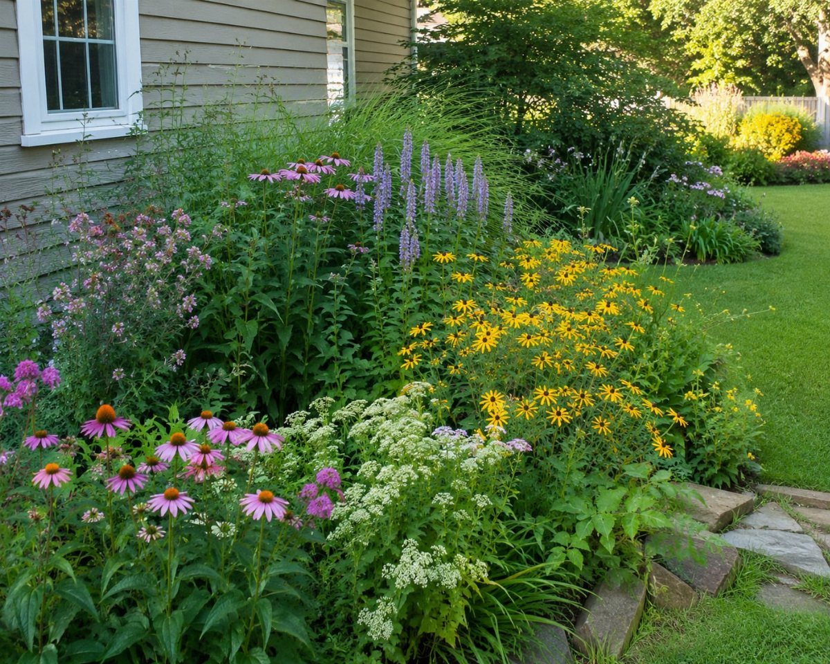 Wildflowers including coneflowers and black-eyed Susans blooming in a lush garden bed by a house.
