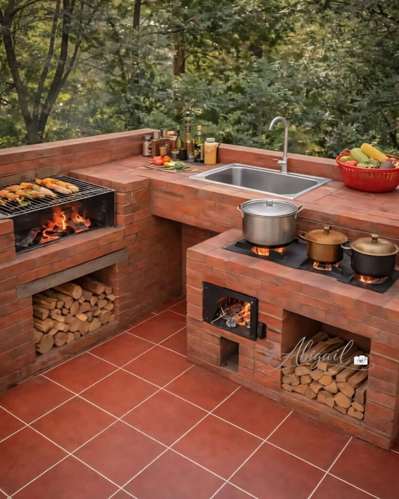 Brick outdoor kitchen with a built-in grill, stovetop, sink, and firewood storage on a tiled patio.