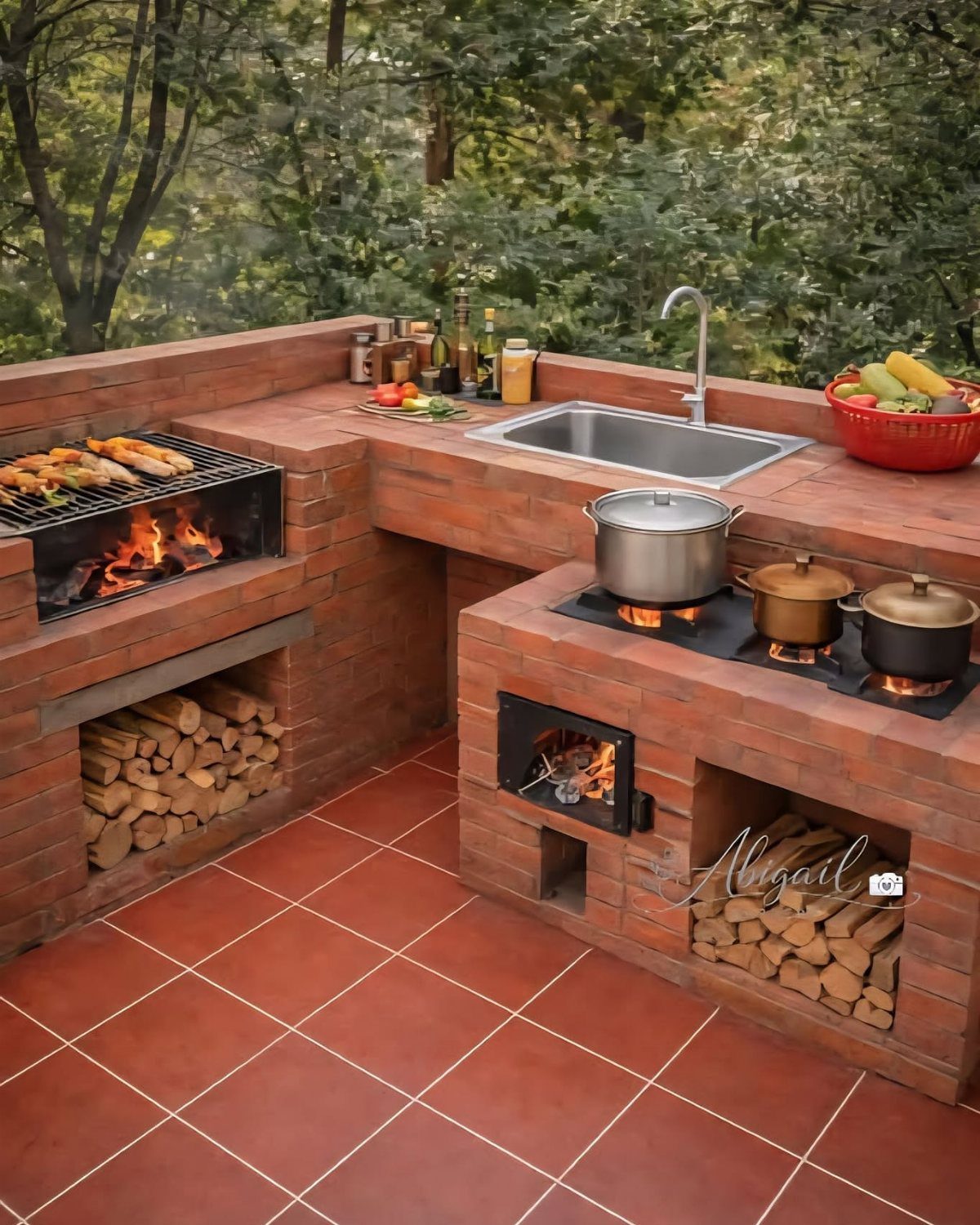 Brick outdoor kitchen with a built-in grill, stovetop, sink, and firewood storage on a tiled patio.